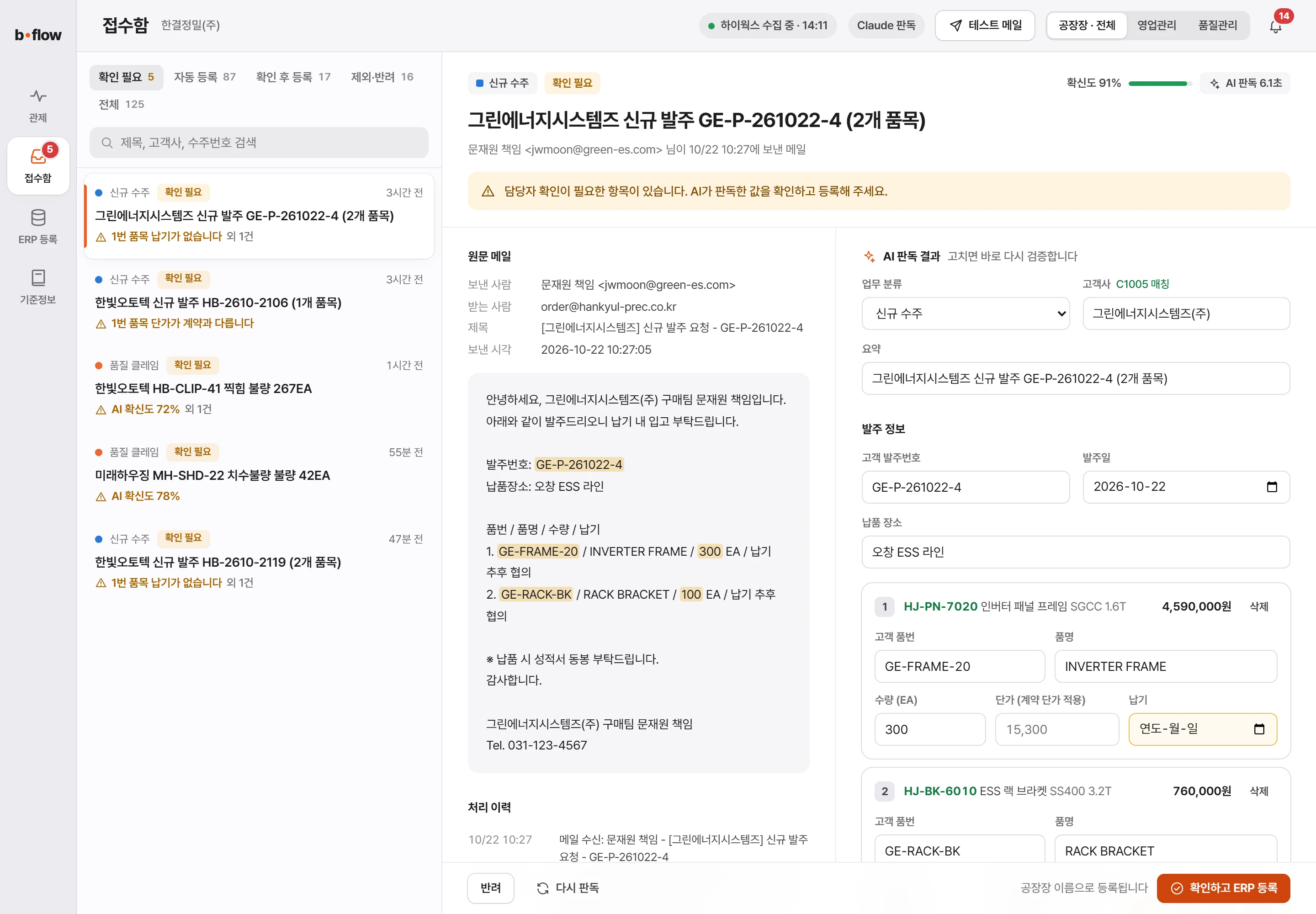 B-FLOW 접수함: 왼쪽 원문 메일에서 AI가 읽은 값을 강조하고, 오른쪽에 AI 판독 결과와 확인이 필요한 납기 칸을 표시